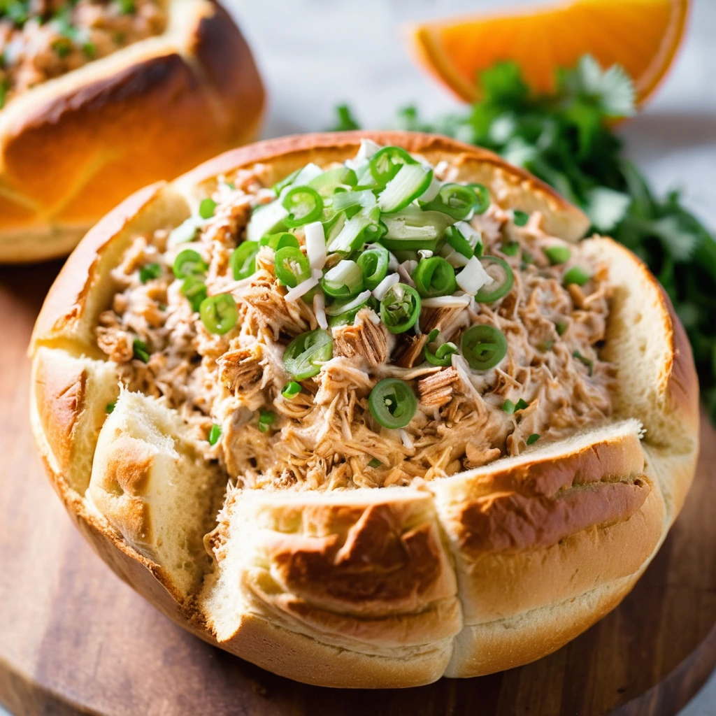 Golden bread bowl overflowing with creamy, orange-hued BBQ chicken dip, sprinkled with green onions.