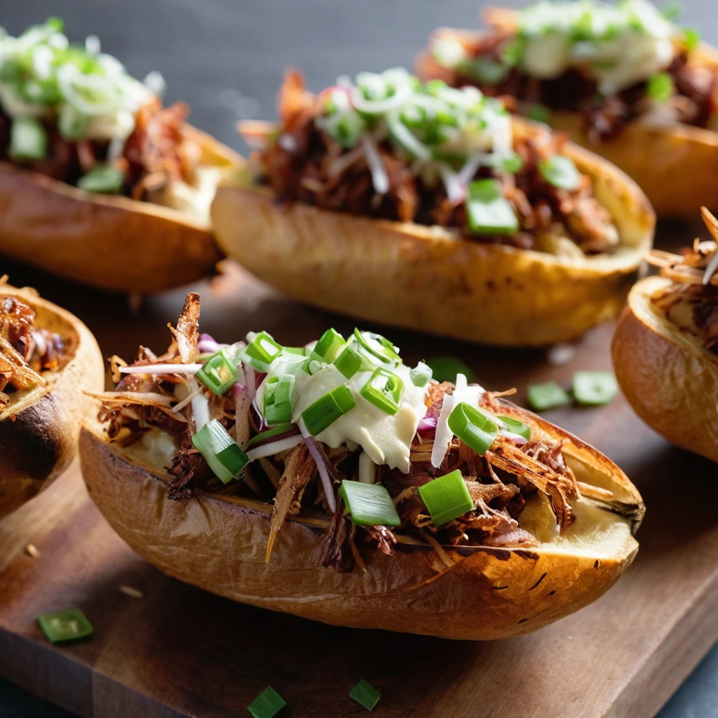 Baked potato halves filled with shredded BBQ chicken and cheese, topped with green onions and bacon.