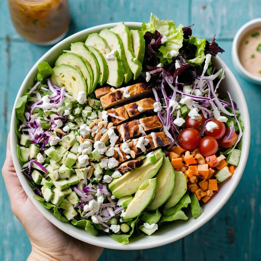 Colorful chopped salad in a bowl with grilled chicken, vibrant veggies, and a drizzle of ranch dressing.