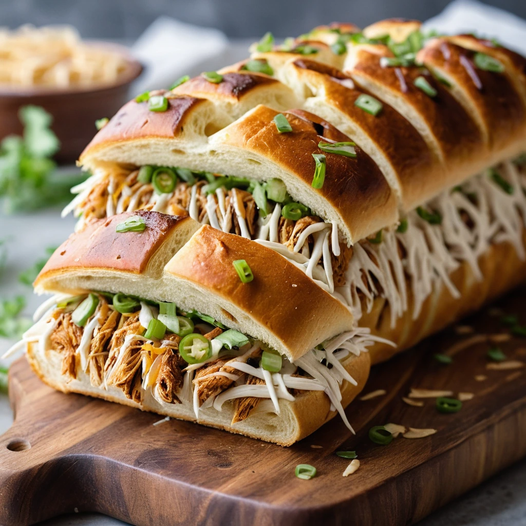 Golden brown loaf of bread pulled apart to reveal layers of shredded BBQ chicken, melted cheese, and green onions.