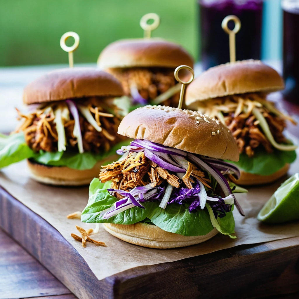Golden buns filled with shredded jackfruit and drizzled BBQ sauce, topped with vibrant green and purple slaw.