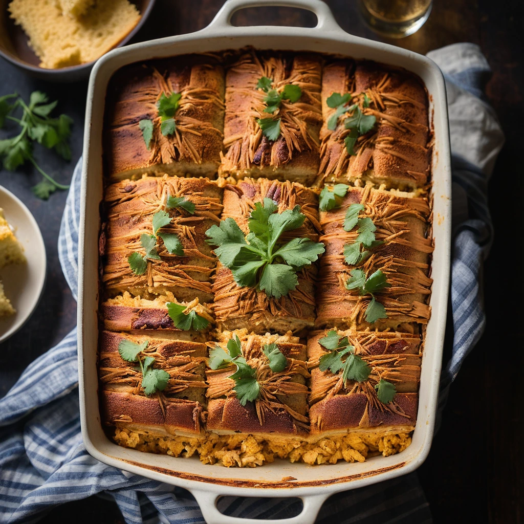 Golden cornbread topping with pulled chicken and BBQ sauce in a casserole dish