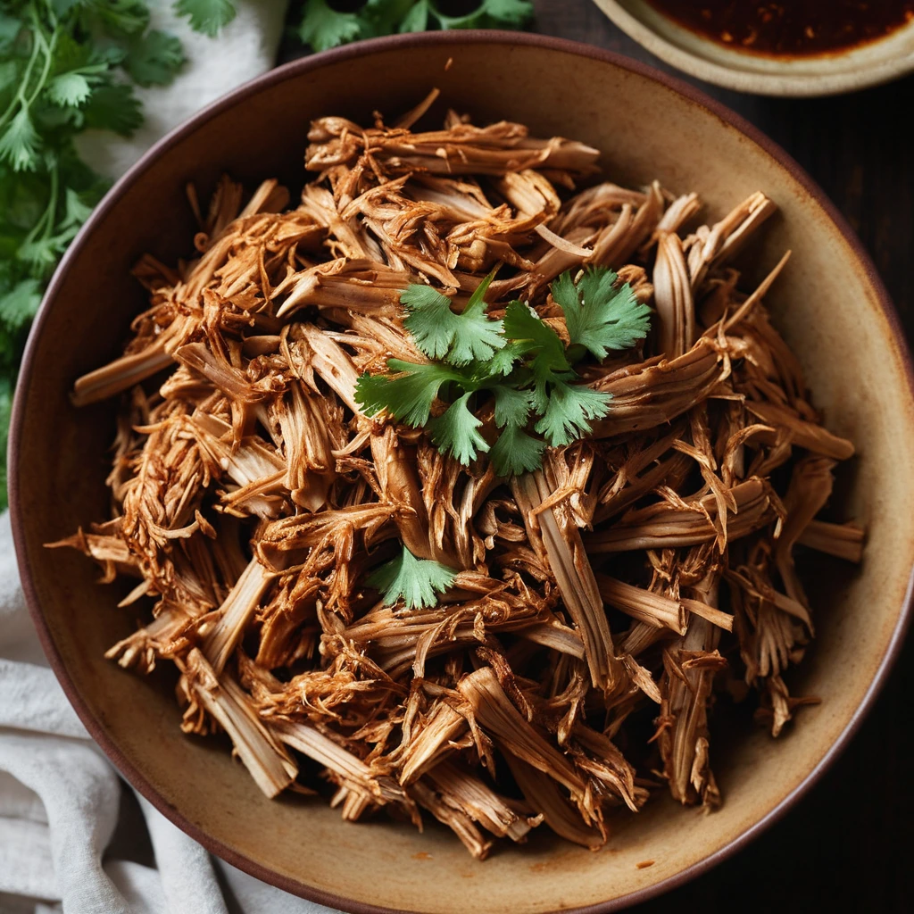 A pile of shredded chicken in a golden bowl, glistening with dark reddish-brown BBQ sauce, sprinkled with fresh parsley.