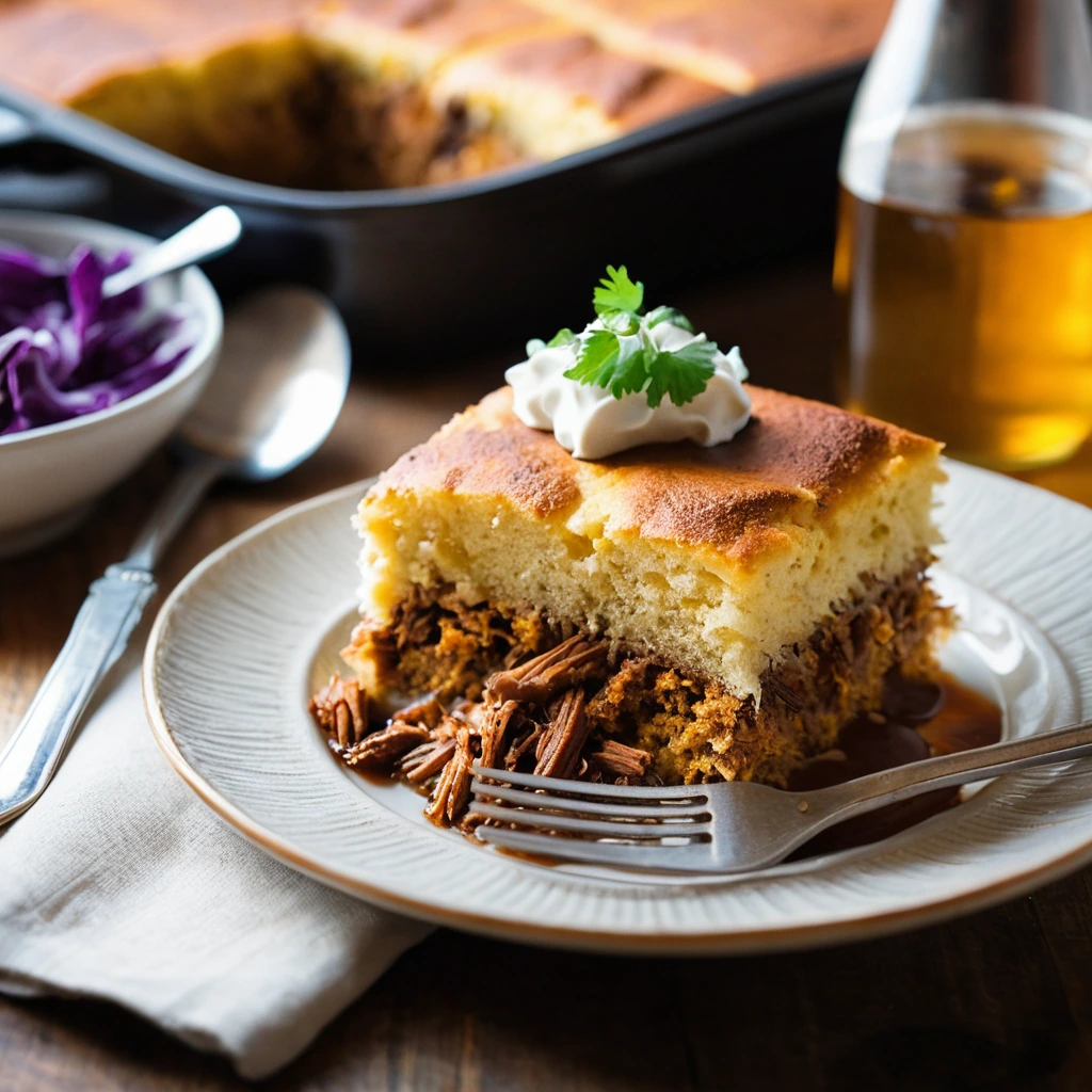 Golden cornbread topped with shredded pork and BBQ sauce, bubbly and slightly charred around the edges.