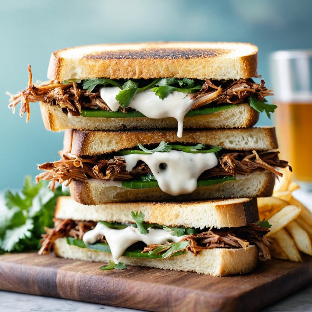 Golden grilled cheese sandwiches oozing with melted cheese and smoky BBQ pulled pork, garnished with fresh cilantro.
