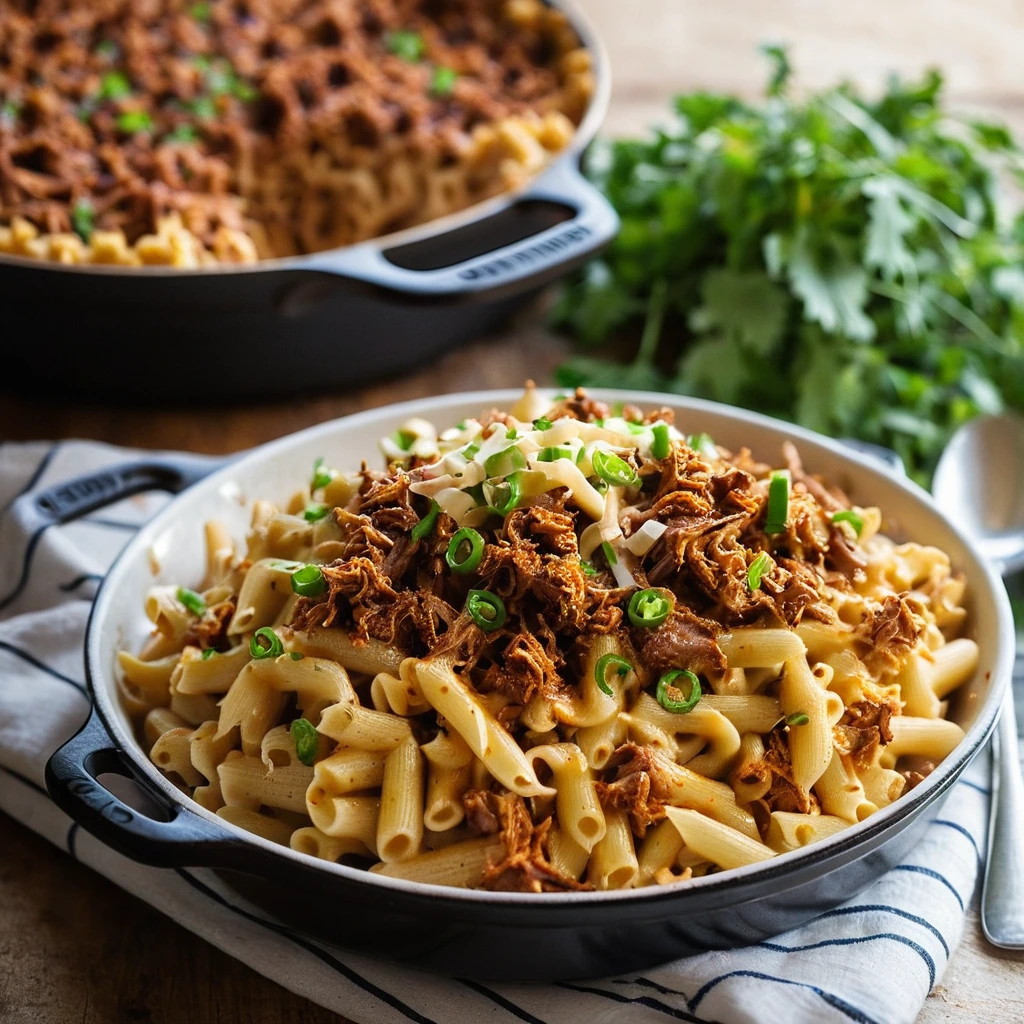 A skillet filled with golden, bubbly mac and cheese topped with shredded BBQ pork and a sprinkle of green onions.