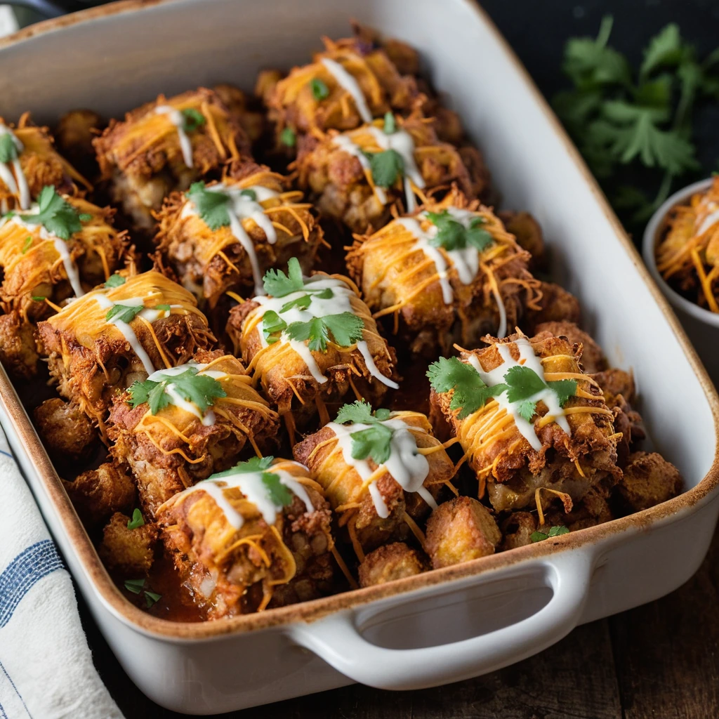 Browned tater tots topped with shredded pork, BBQ sauce, and melted cheese in a casserole dish