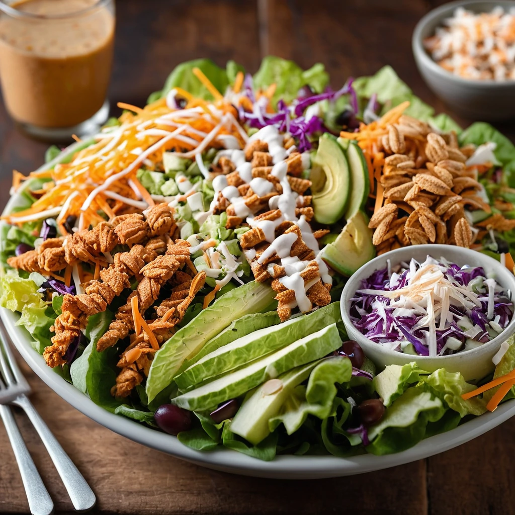 Colorful salad bowl with shredded lettuce, crispy chicken strips, and BBQ drizzle, topped with cheese and crunchy tortilla strips.