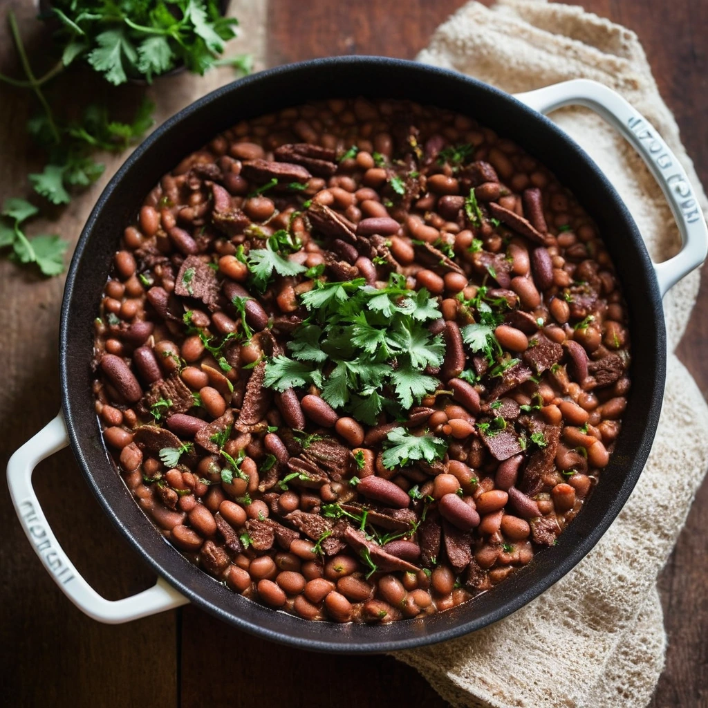 A rustic skillet filled with a rich, brown mixture of beans, beef, and bacon, sprinkled with fresh parsley.