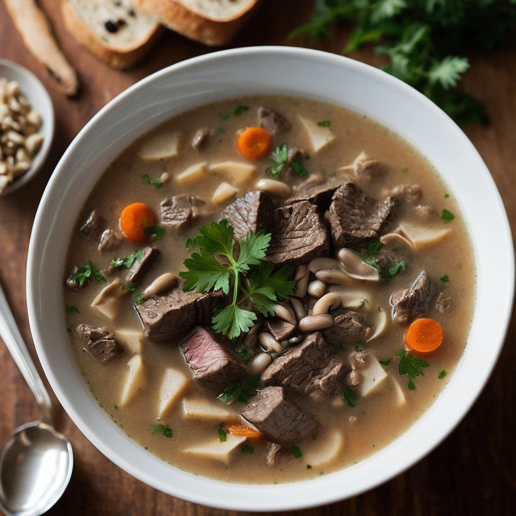 Steaming bowl of soup with chunks of beef, barley, and mushrooms in a golden broth, garnished with fresh parsley.