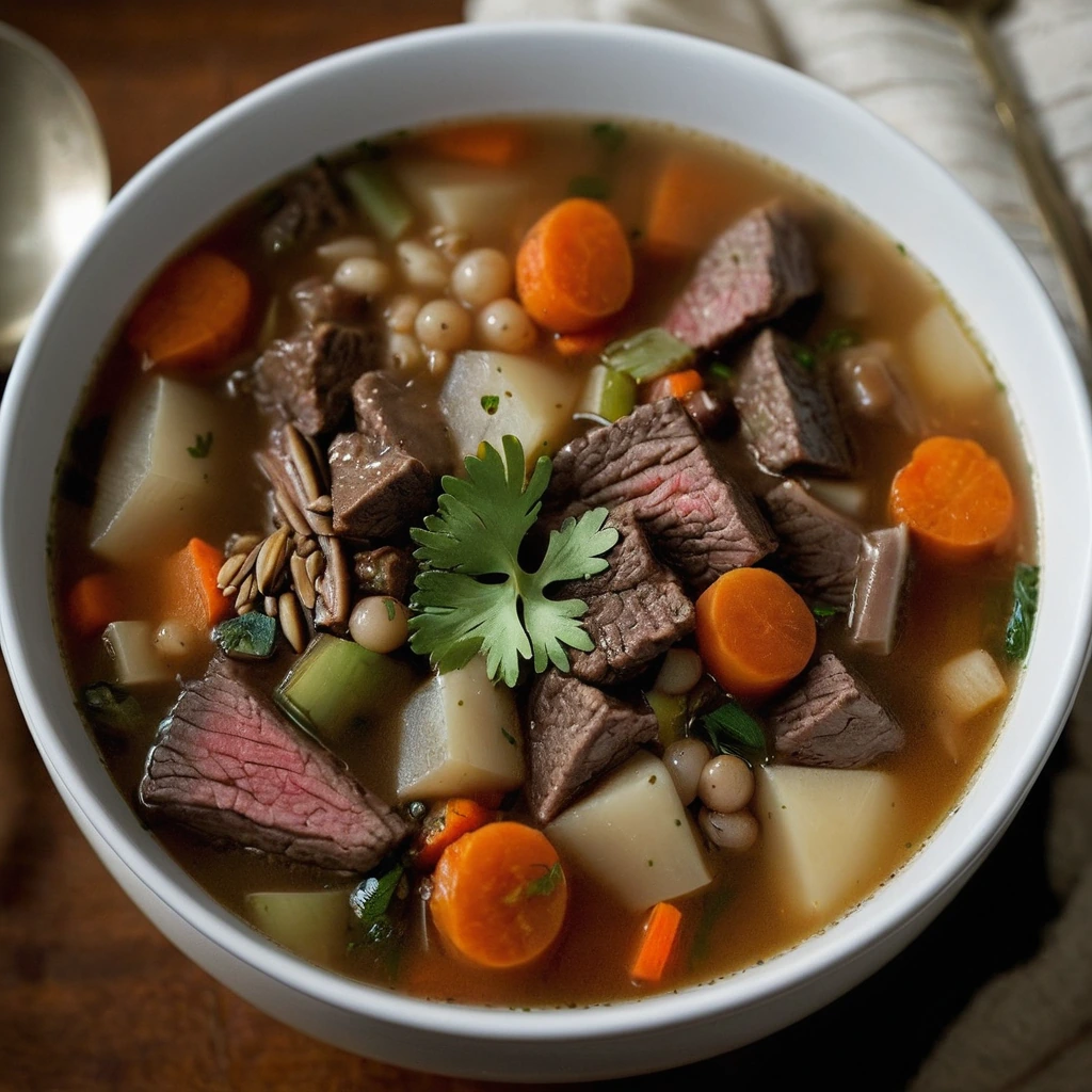 steaming bowl of beef and barley vegetable soup with chunks of carrots, celery, and potatoes