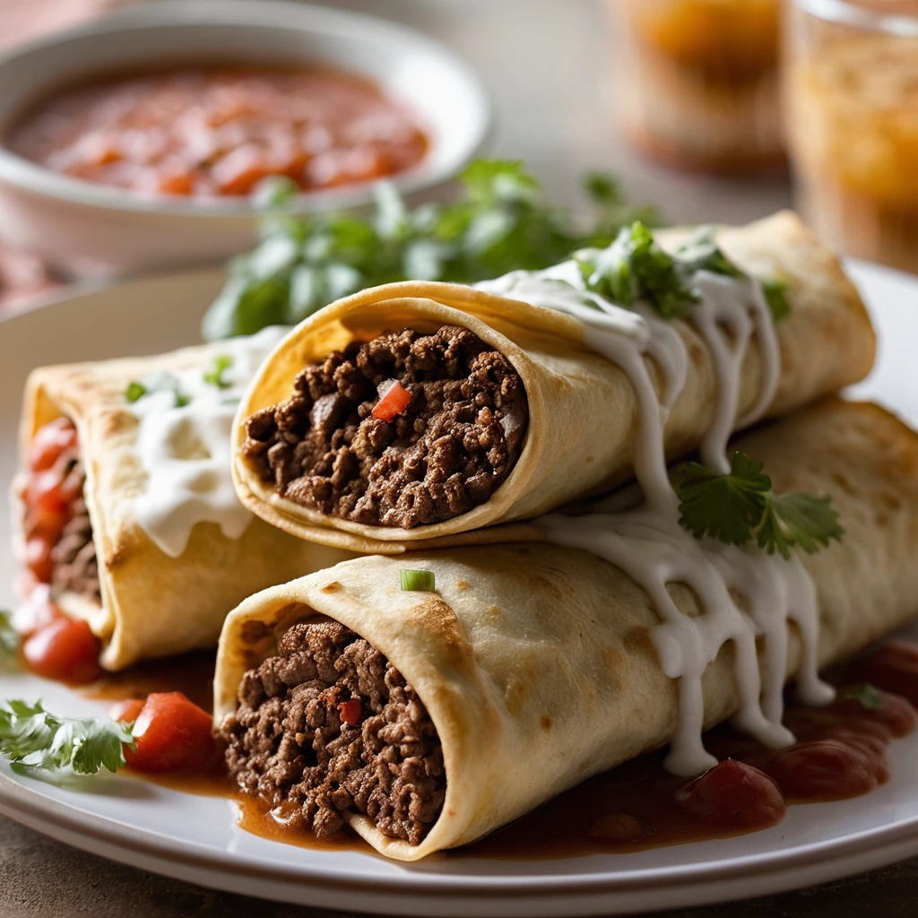 Golden brown chimichangas with melted cheese, served with a drizzle of red salsa on a plate.
