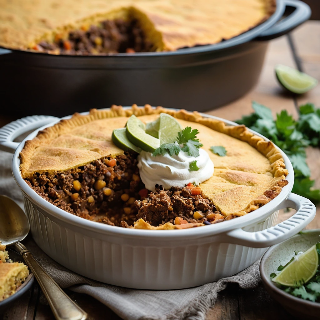 Tamale pie in a casserole dish with a golden cornbread topping, served in a rustic kitchen setting.
