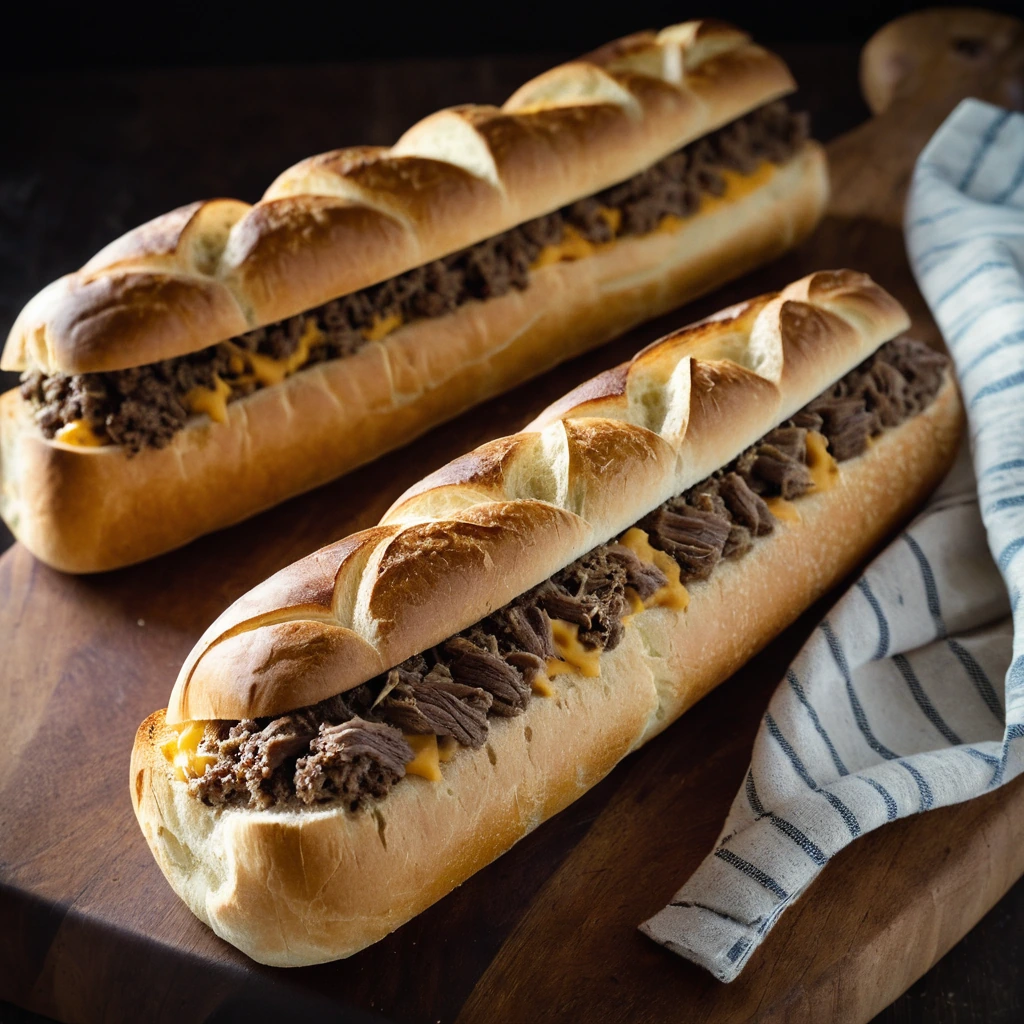 A split baguette overflowing with browned ground beef and melted cheddar cheese, served on a rustic wooden board.