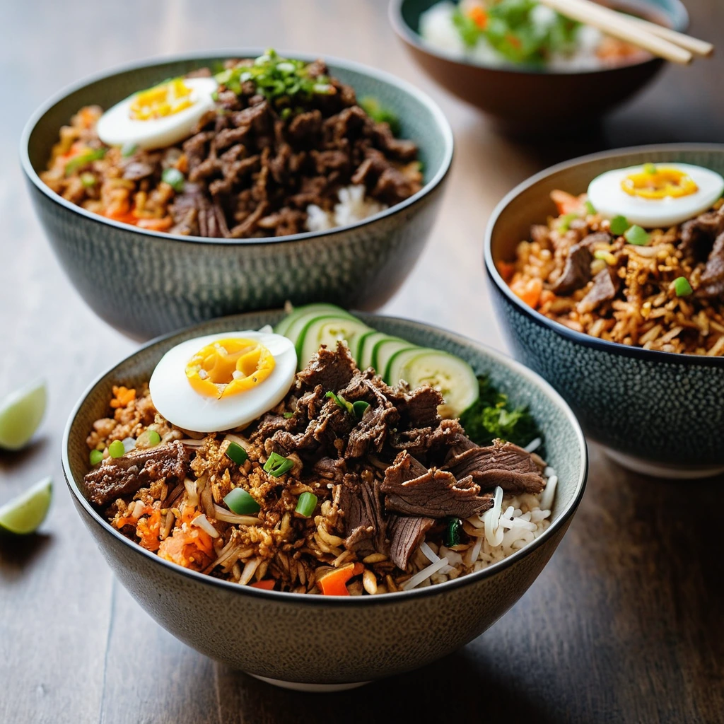 Steaming bowls of golden fried rice topped with crispy beef and vibrant red kimchi.