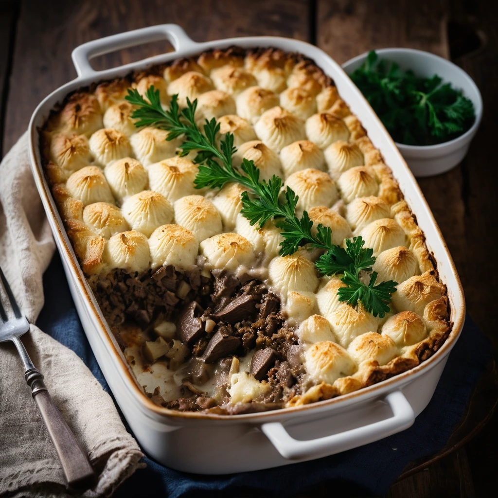 Rustic casserole dish with golden-brown mashed potato topping, beef and mushroom filling visible beneath.