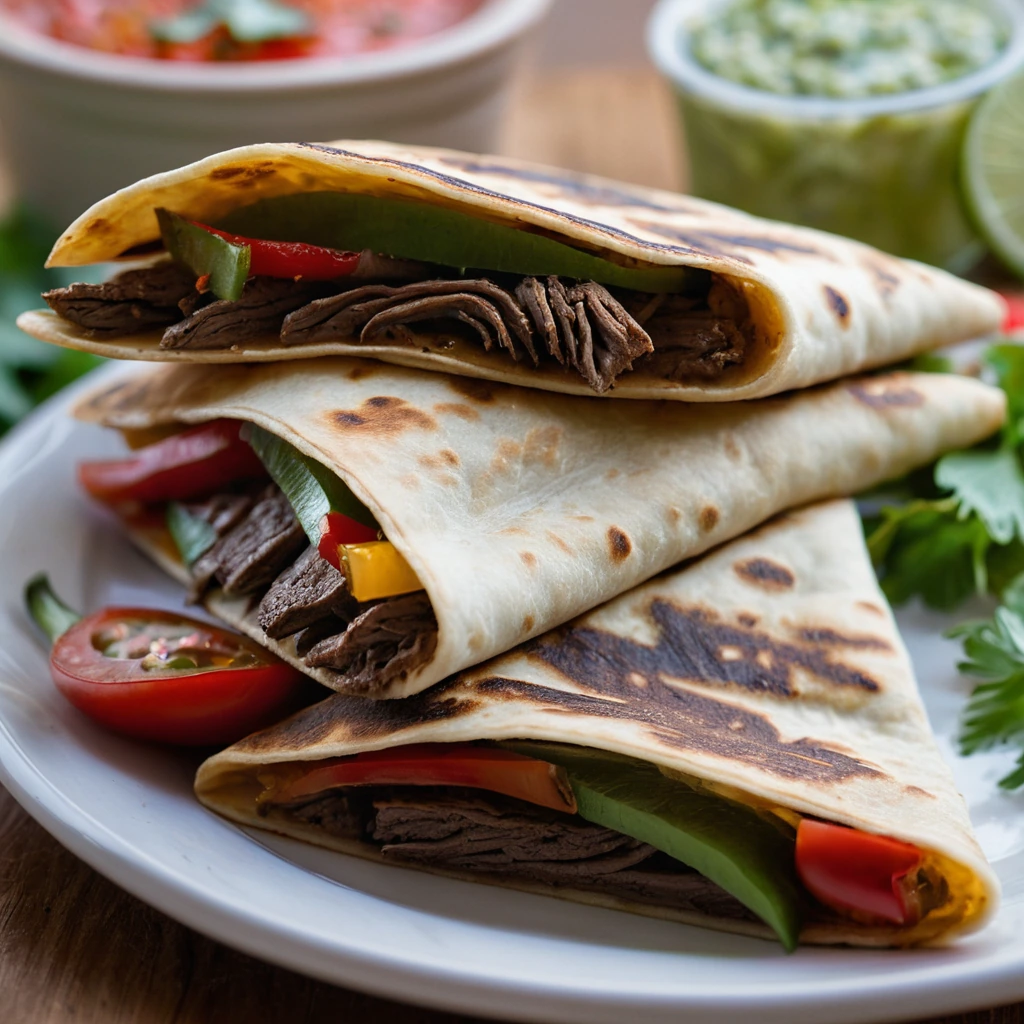 Golden brown quesadillas filled with beef and colorful roasted peppers, sliced into wedges on a plate.