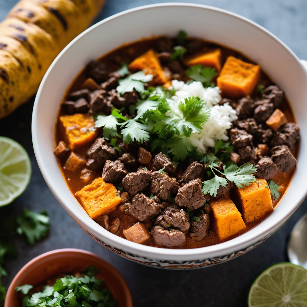 Steaming bowl of chili with beef and orange sweet potato chunks, topped with fresh cilantro