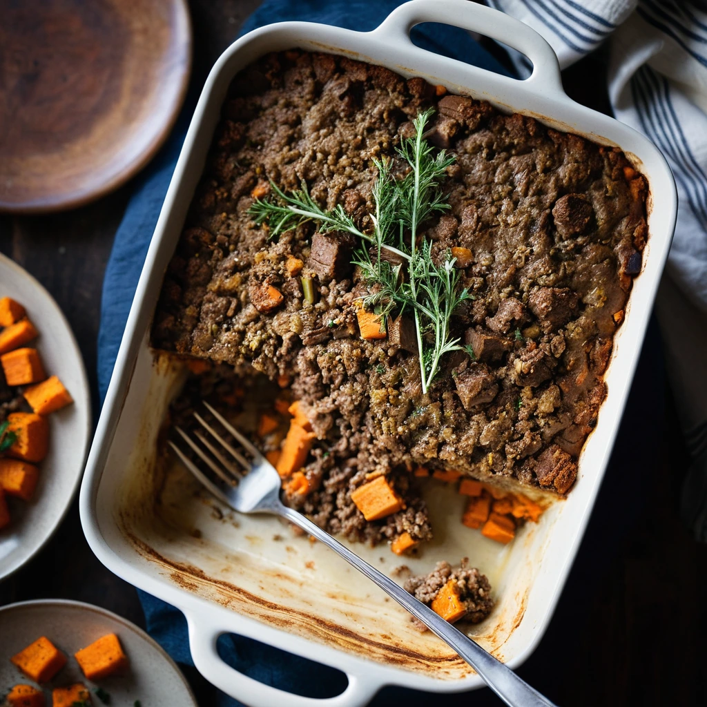 A rustic casserole dish with golden-brown sweet potato topping and savory beef filling.