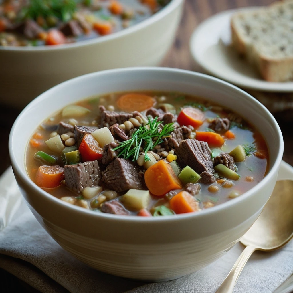 Steaming bowl of soup with chunks of beef, barley, and colorful vegetables.