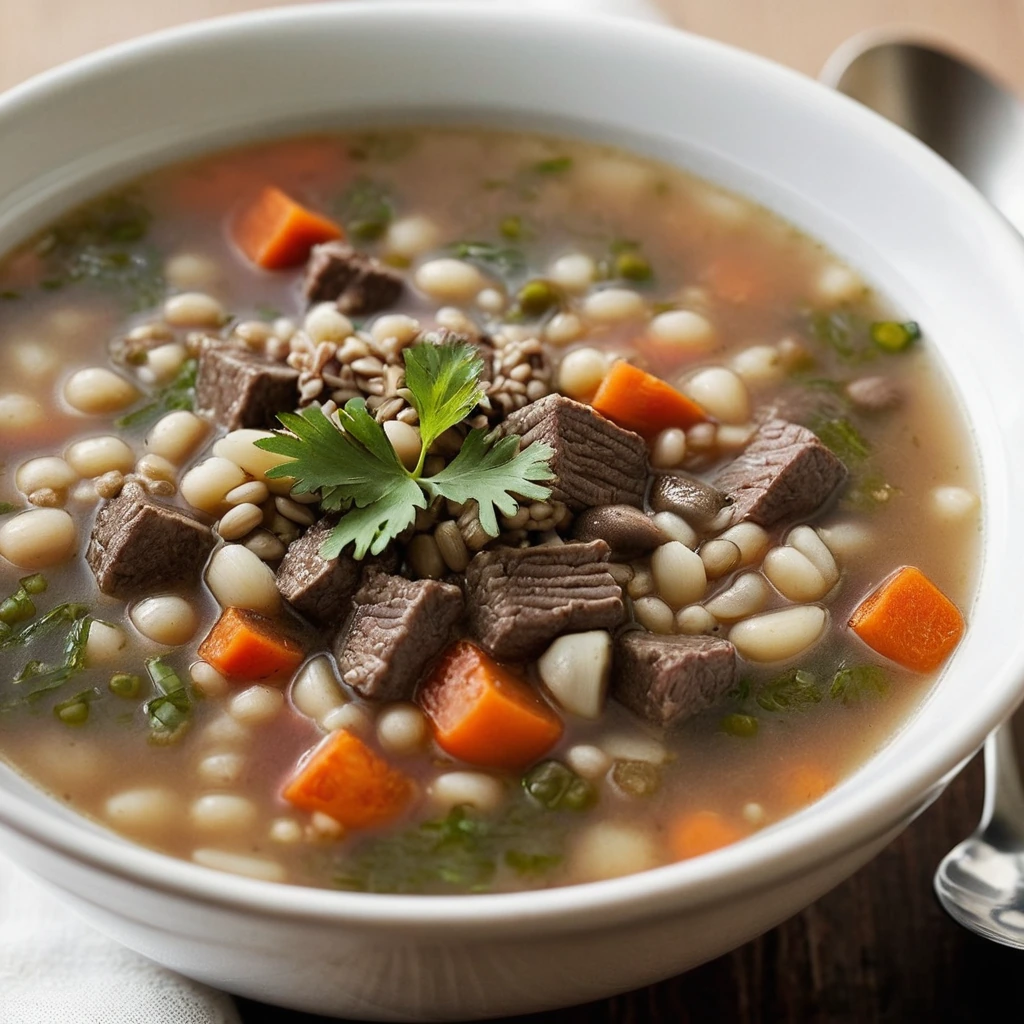 A steamy bowl of beef and vegetable soup with barley, garnished with fresh parsley and a sprinkle of cheese.