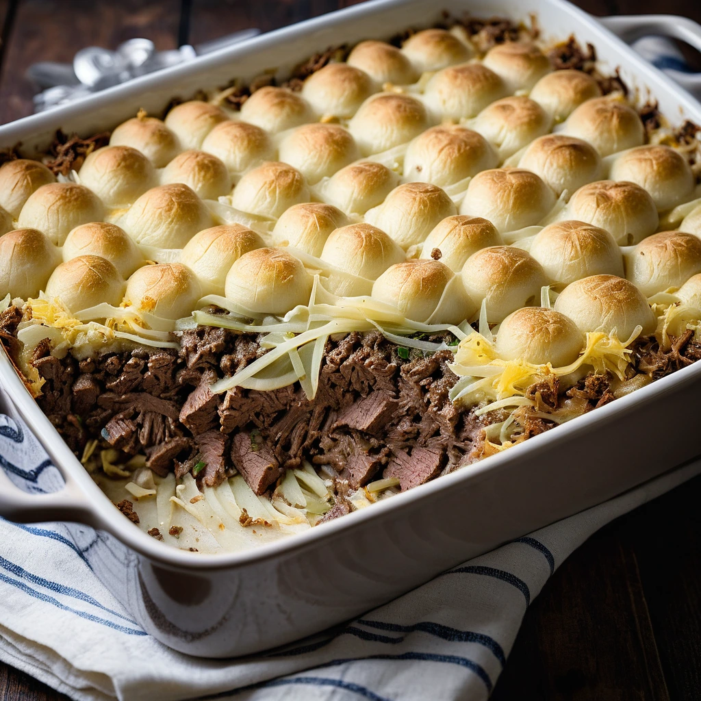 A golden brown casserole dish with layers of shredded cabbage, diced potatoes, and ground beef topped with melted cheese.