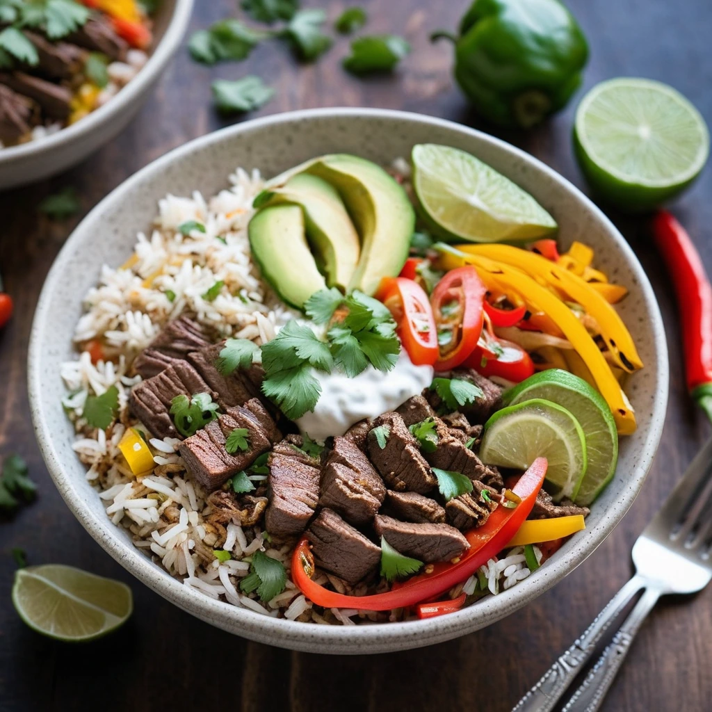 Colorful rice bowl with strips of beef and bell peppers, garnished with fresh cilantro and lime wedges