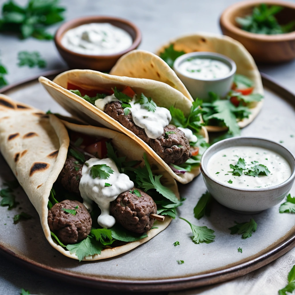 Grilled beef kofta skewers in toasted pita bread with a drizzle of white sauce and a sprinkle of fresh herbs.