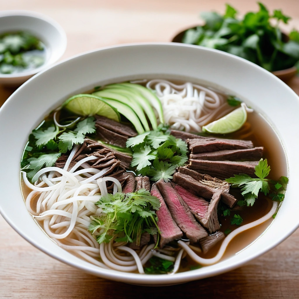 Steamy bowl of beef pho with thin slices of beef, rice noodles, and fresh herbs.