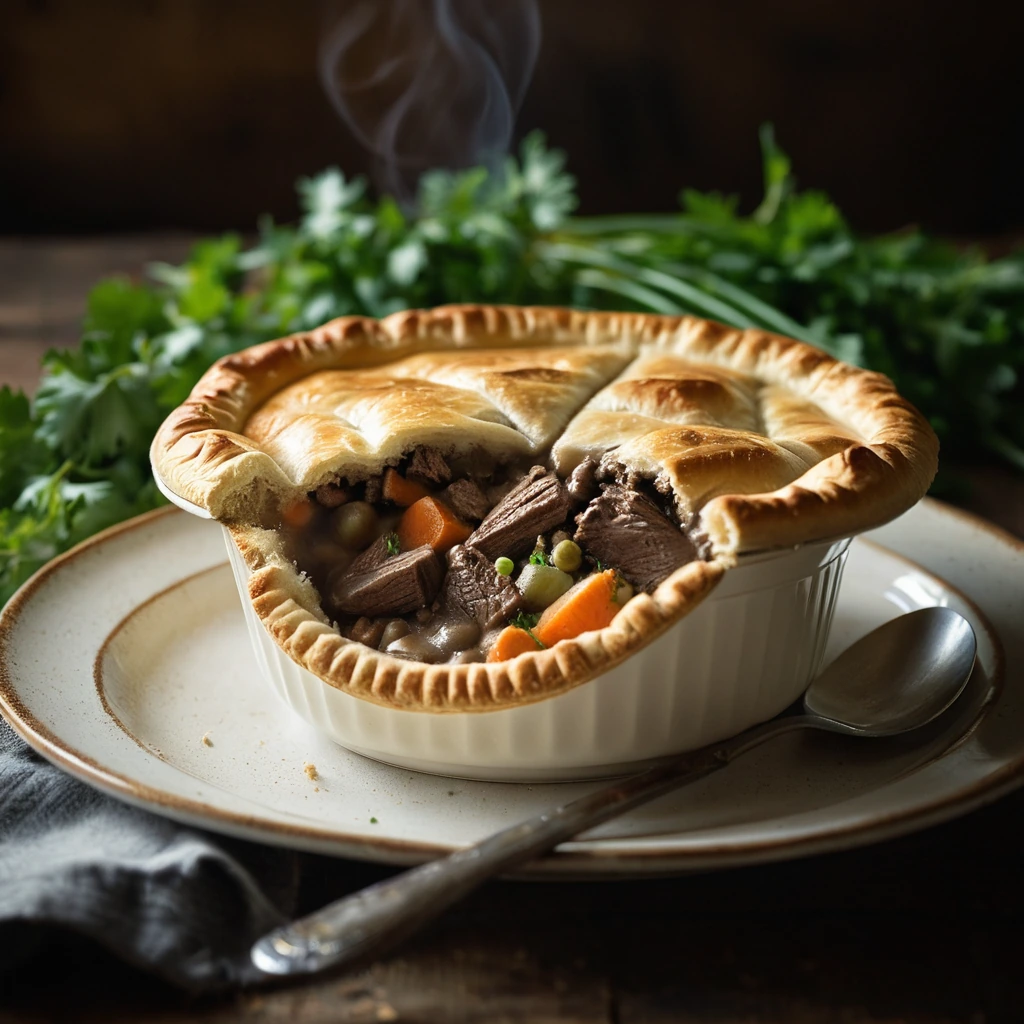 Steaming beef pot pie in a golden crust on a rustic plate with fresh parsley garnish.
