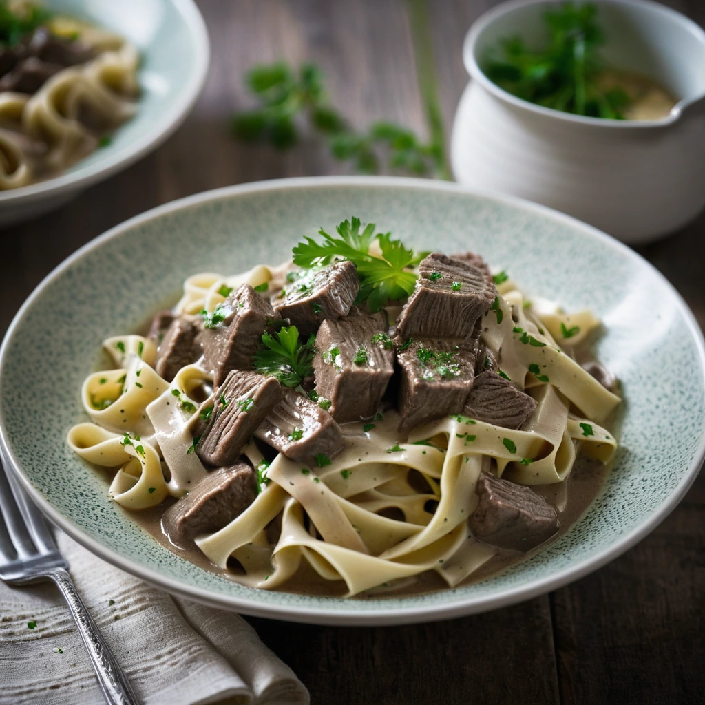 Golden egg noodles dotted with parsley served with a creamy brown beef sauce in a shallow bowl.