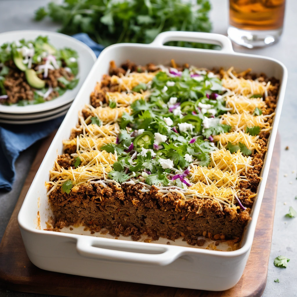 Golden crispy breadcrumbs atop a bubbling beef taco casserole in a rectangular baking dish.