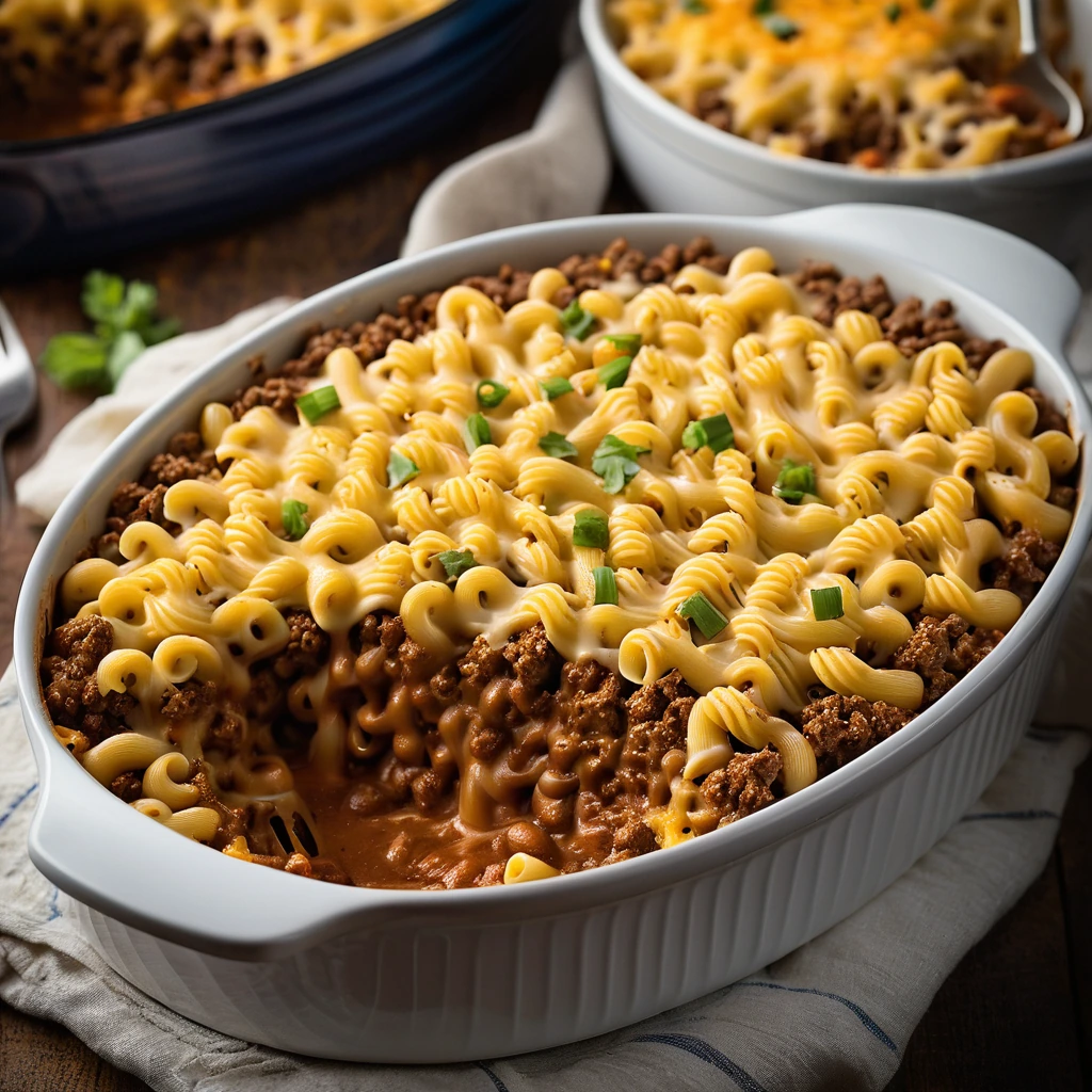 A bubbling casserole dish filled with layers of macaroni and cheese topped with ground beef and chili.