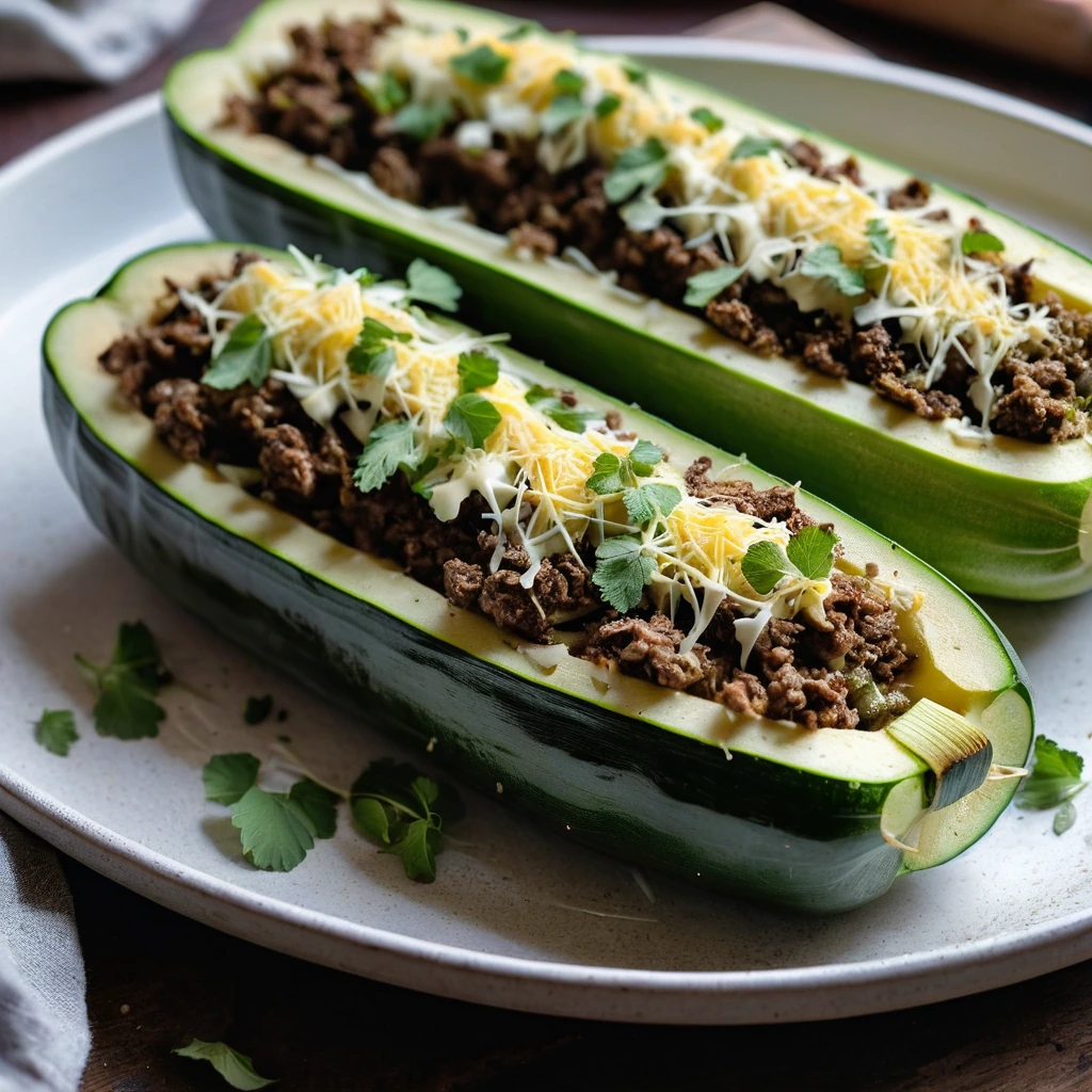 Halved zucchini boats overflowing with browned beef and melted cheese on a rustic wooden board.