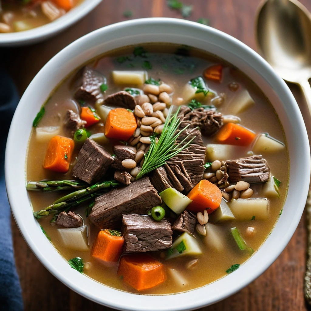 A steaming bowl of golden soup with tender beef chunks, barley, and colorful vegetables.
