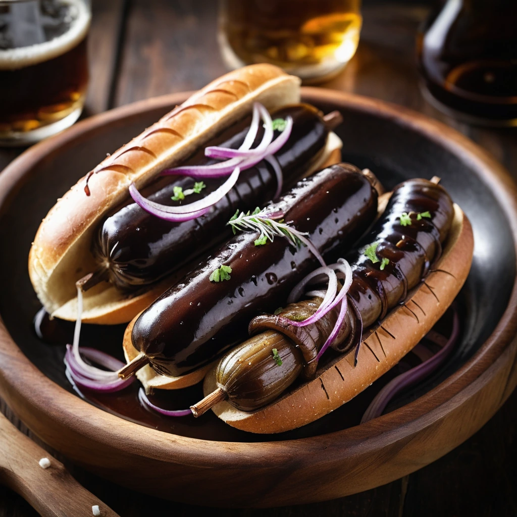 Golden bratwursts nestled in a bed of deep caramelized onions, glossy with a dark beer glaze, served in a rustic wooden bowl.