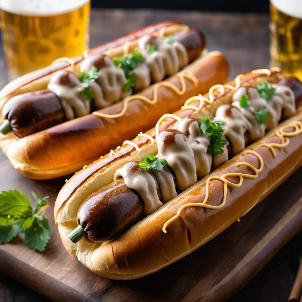 Golden pretzel buns filled with grilled bratwurst and drizzled with a smooth, bubbly beer cheese sauce, sprinkled with fresh chives.