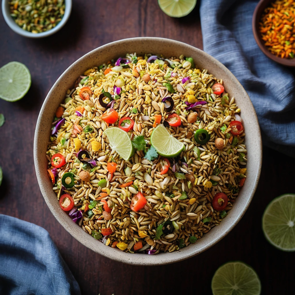Colorful mix of puffed rice, vegetables, and spices in a large serving bowl.