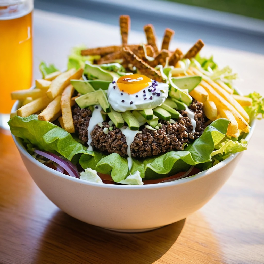 Colorful salad bowl with lettuce, burger patty, shredded cheese, pickles, and golden fries topped with special sauce.