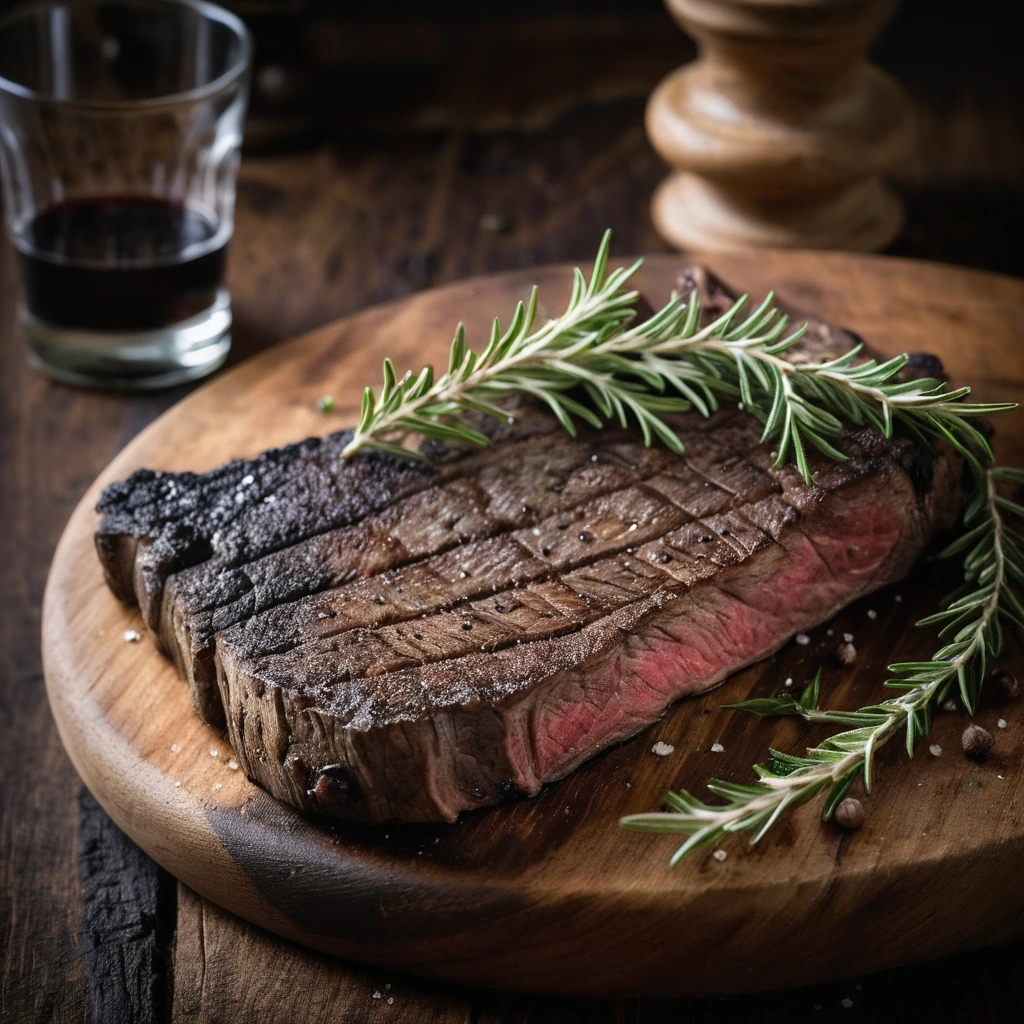 A thick, charred T-bone steak on a rustic wooden board, sprinkled with coarse salt.