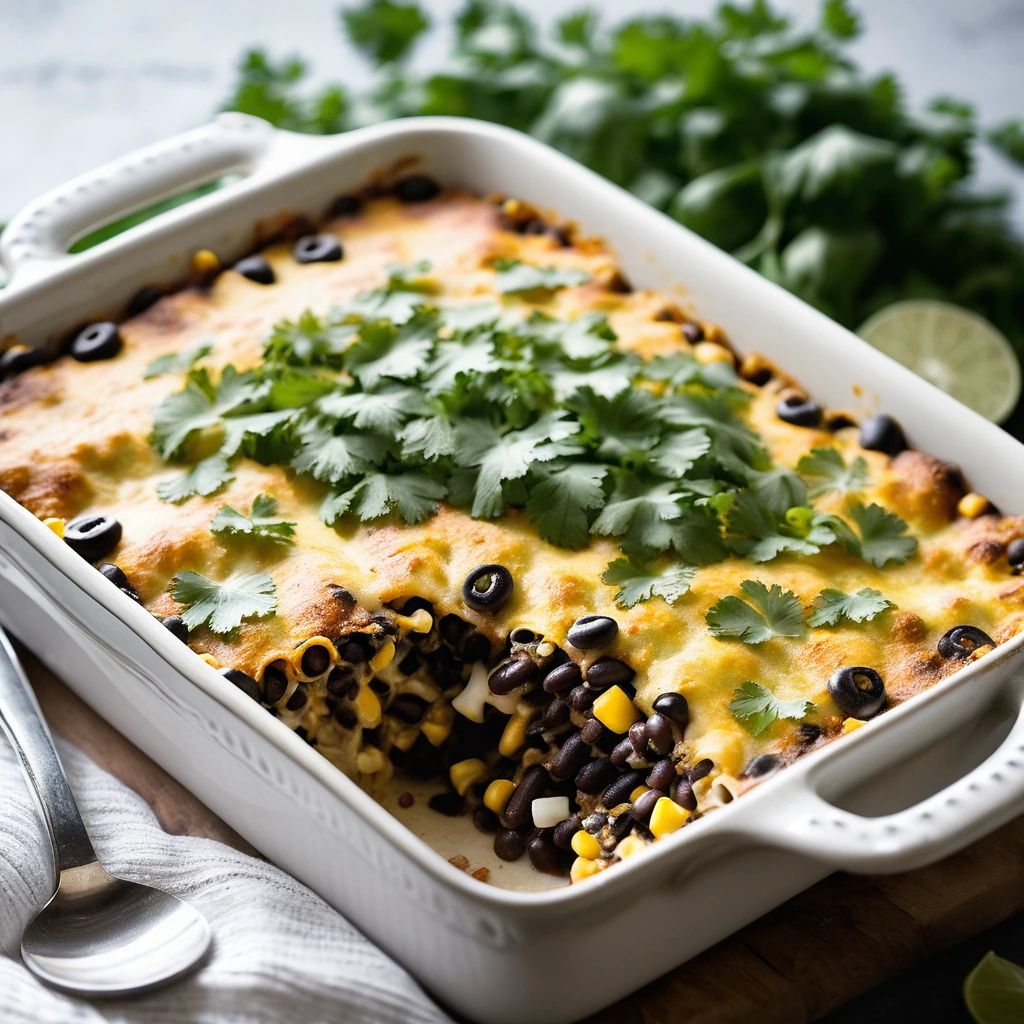 Baked casserole in a rectangular dish with melted cheese on top, sprinkled with green onions and cilantro.