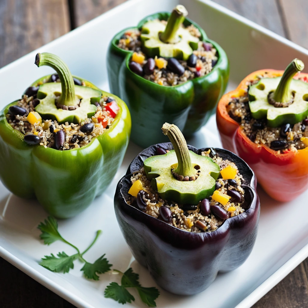 Four bell peppers halved and stuffed with a colorful mix of black beans and quinoa, topped with melted cheese.
