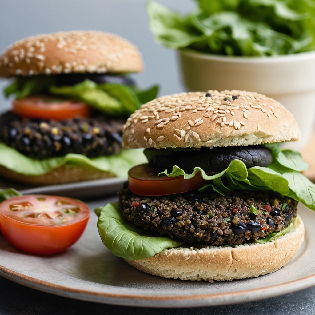 Two golden veggie burgers on a plate, nestled in toasted buns, garnished with fresh lettuce and tomato slices.
