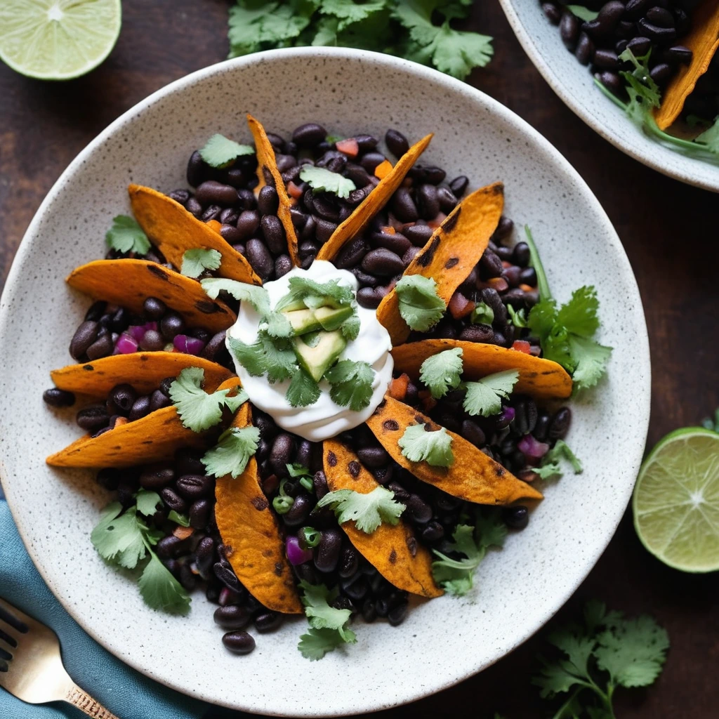 Colorful skillet filled with black beans, diced sweet potatoes, and taco toppings, served in a rustic plate with fresh cilantro garnish.