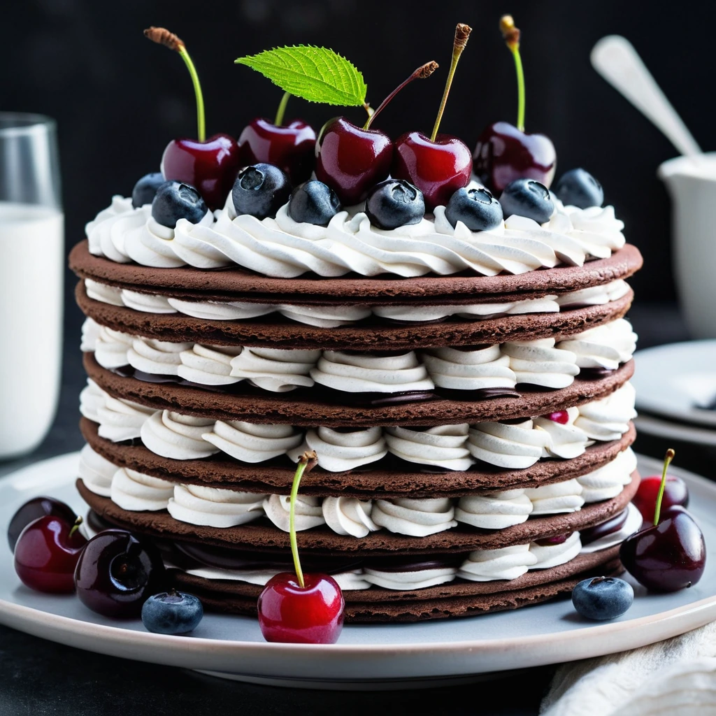 A stack of chocolate wafers layered with whipped cream and cherry filling in a cake form, garnished with cherries.