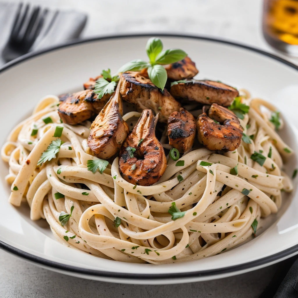 Linguine in a creamy white sauce with blackened chicken pieces, green onions, and a sprinkle of red pepper flakes on a white plate.