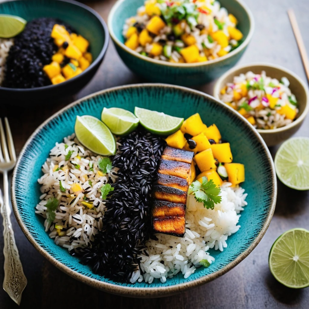 A colorful bowl with blackened fish fillet, vibrant mango salsa, and fragrant jasmine rice.