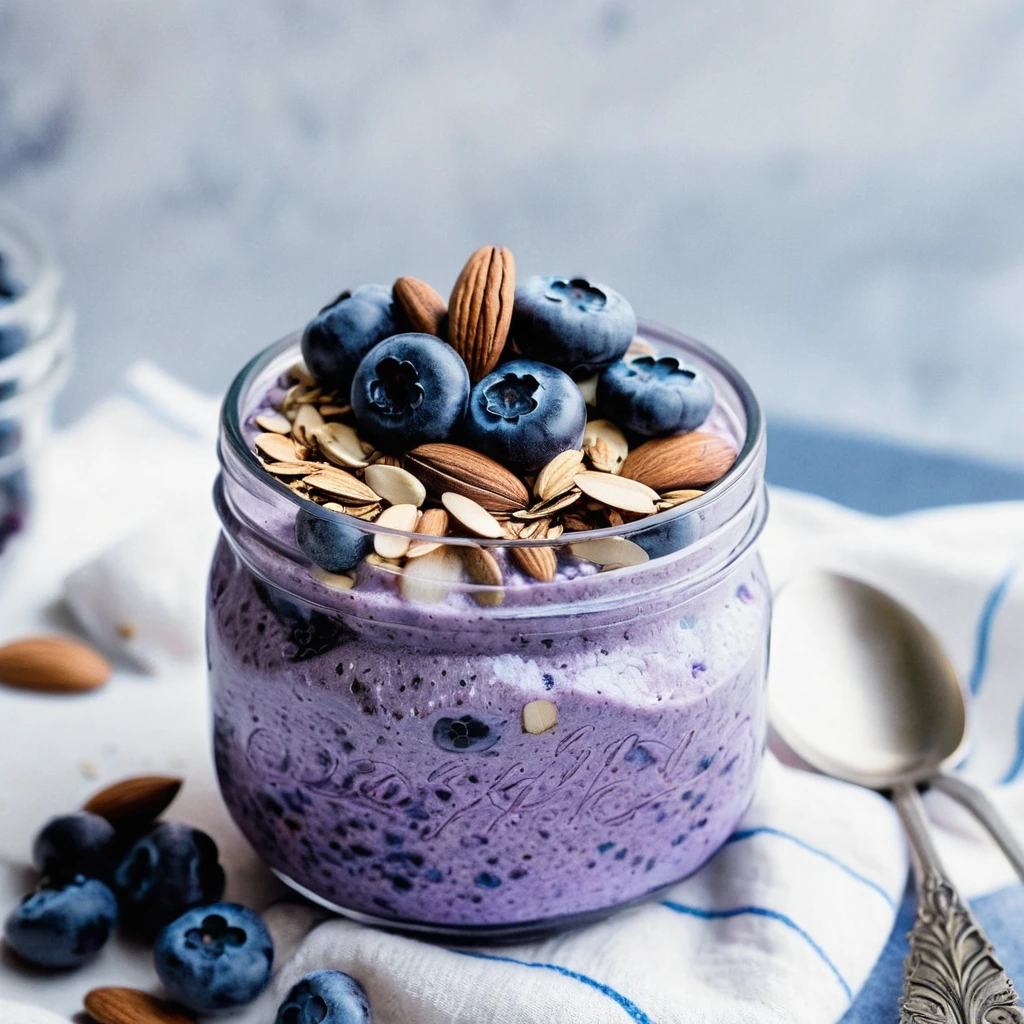 Bowl of purple and blue overnight oats with almond slices and fresh blueberries on top.