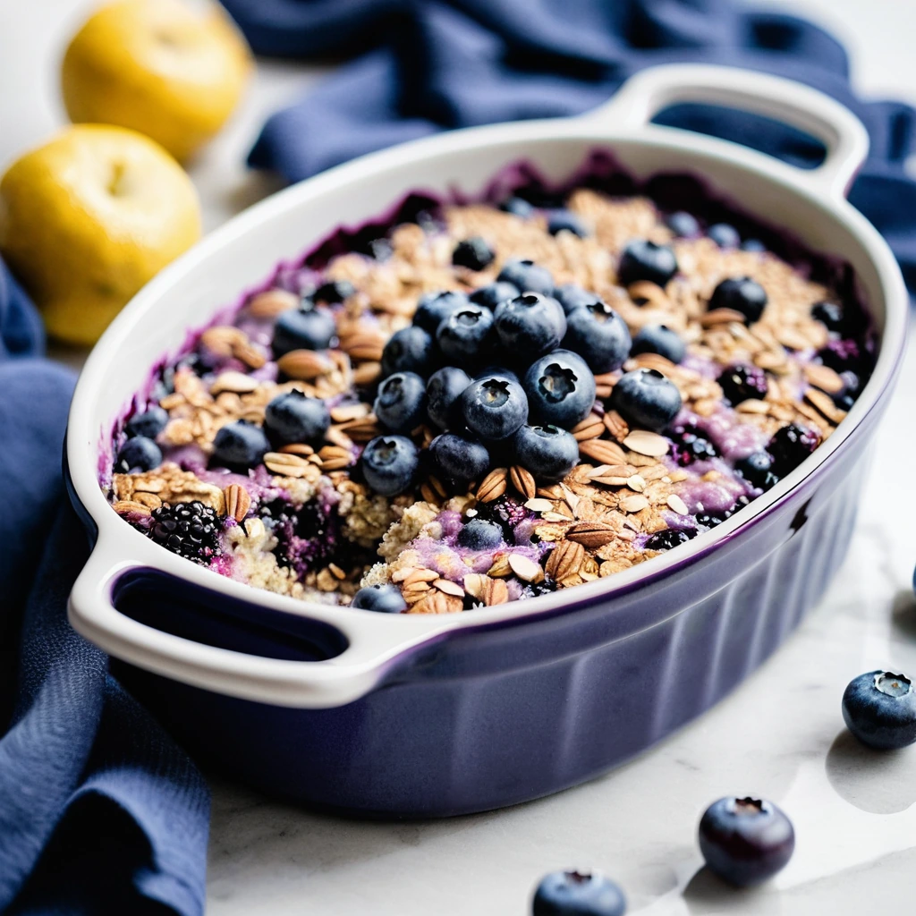 Golden baked oatmeal in a casserole dish, dotted with blueberries and a sprinkle of lemon zest on top.