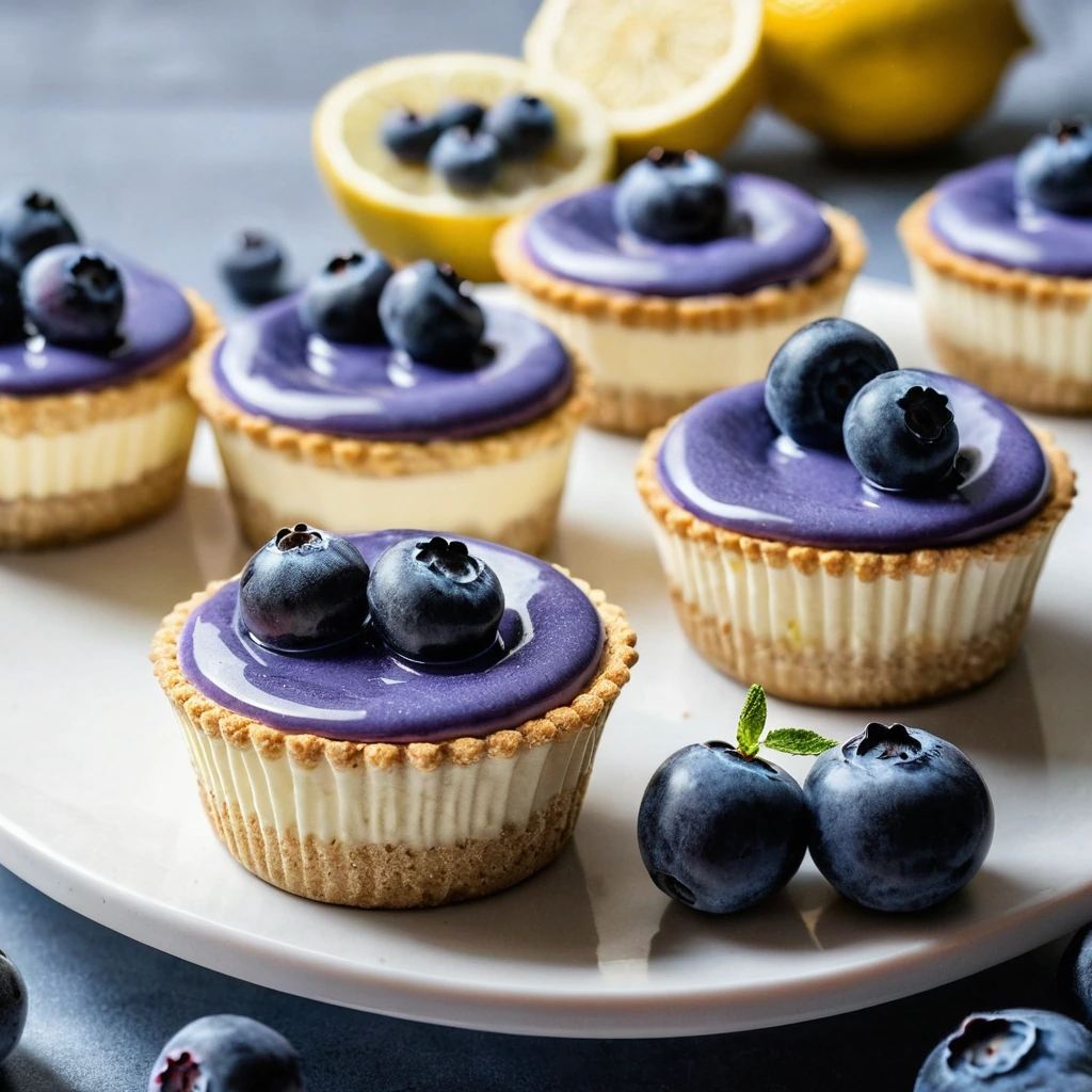 Six individual cheesecake cups with golden crusts, pale yellow filling, and a sprinkle of blueberries on top.